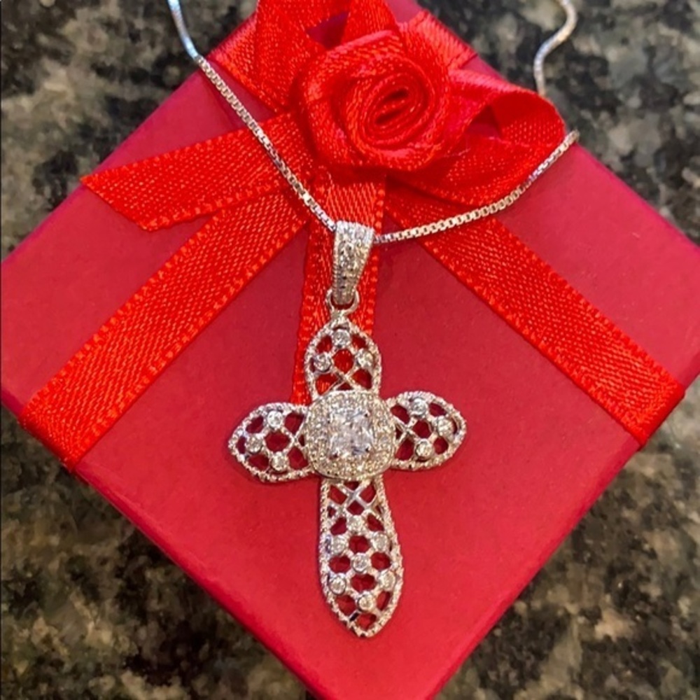 Sterling silver CZ Cross Necklace 16” to 18”